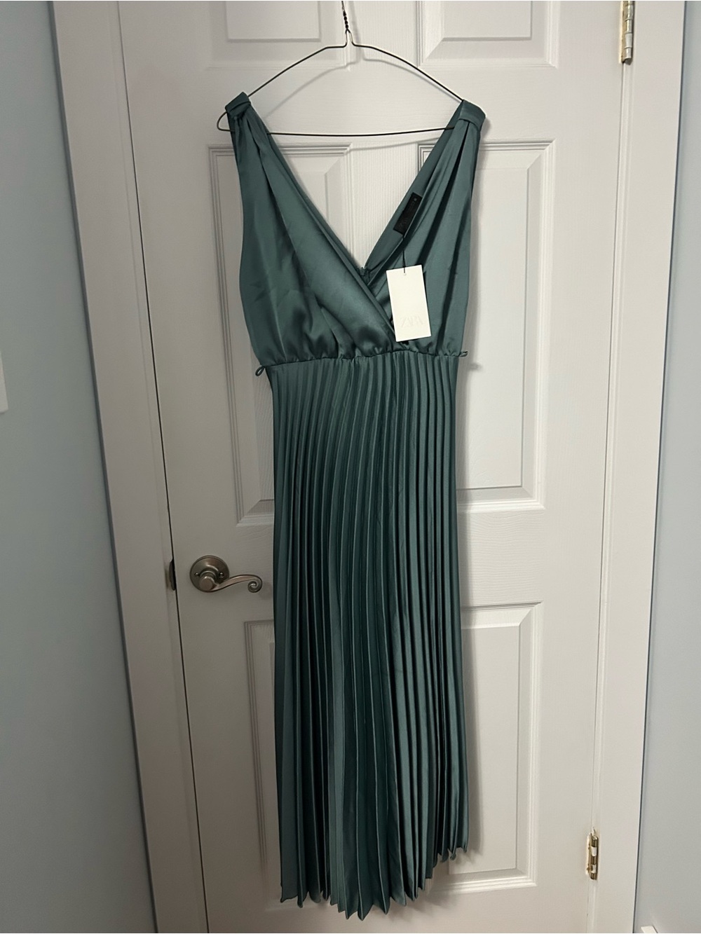 Zara Pleated V-Neck Maxi Dress in Teal